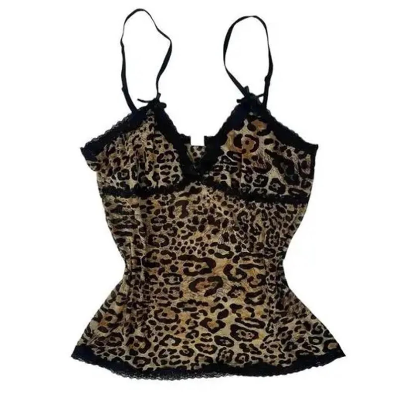 American retro punk aesthetic lace leopard print camisole top sexy slim fit chic hottie crop tops Harajuku Y2K aesthetic Clothes