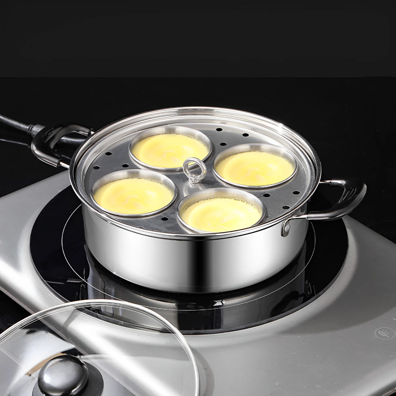 

Egg Poacher Stainless Steel Cooking Pot with Lid 4 Cups Poached Egg Cooker Soup Pot Dual Handles Saucepan Kitchen Cooking Tools