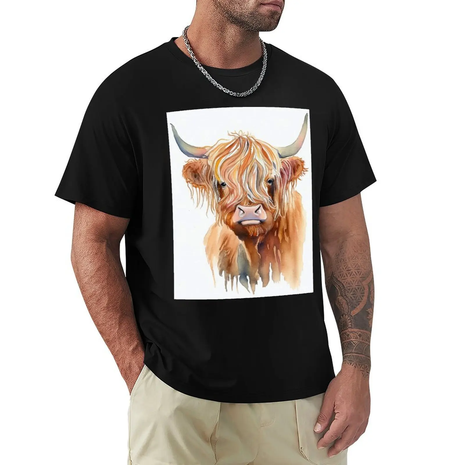 

Highland cow Watercolor Painting T-Shirt man t shirt quick-drying tshirts for men