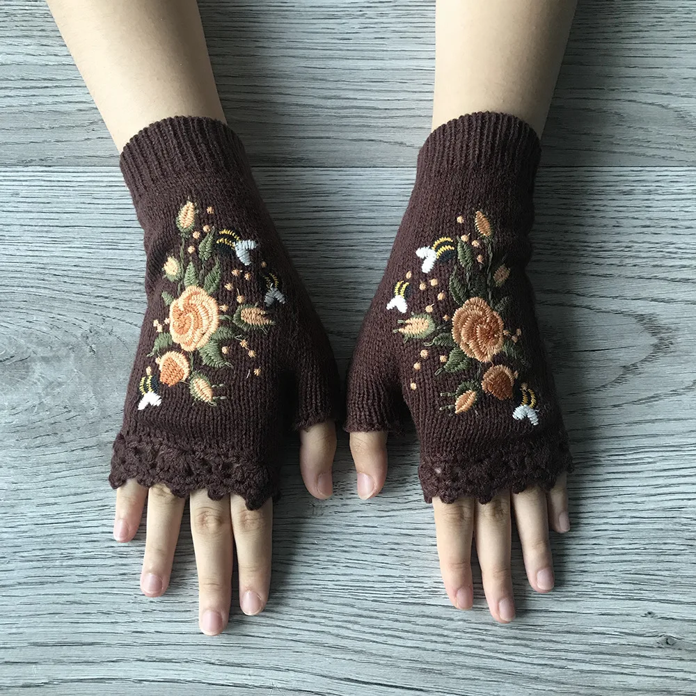 Handbestickte Handschuhe Damen warme Wolle Halbfingerhandschuhe bestickte Strickhandschuhe