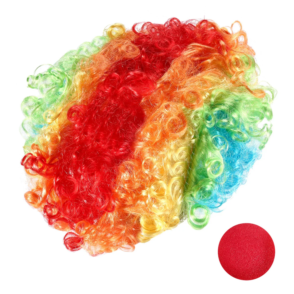 Red Foam Clown Nose + Multi-colored Clown Wig for Masquerade Cosplay fancy dress.