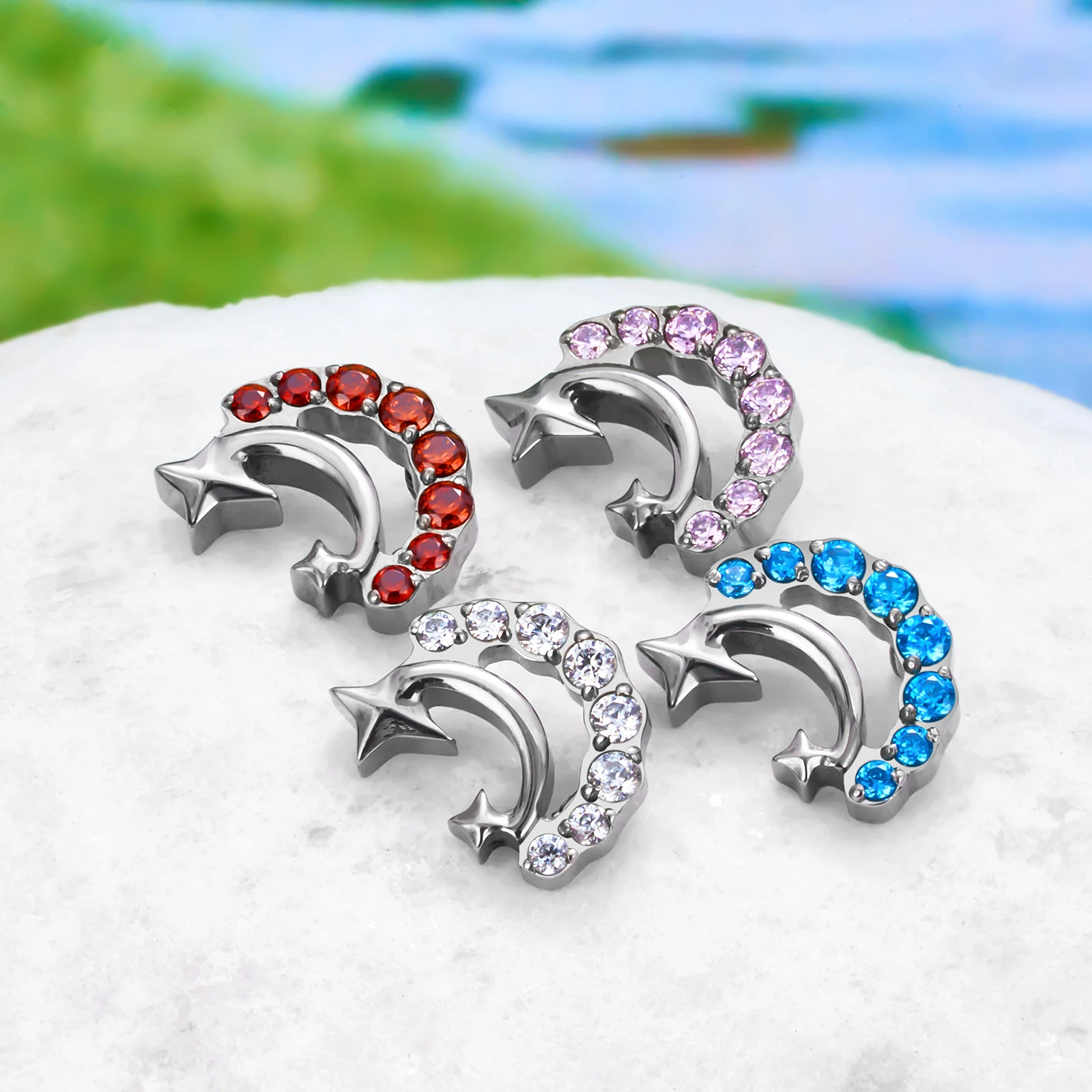 ASTM F136 Titanium 16G CZ Moon Earrings Lip Studs Cartilage Piercing Jewelry Spiral Flat Back Labret Septum Stud for Men Women