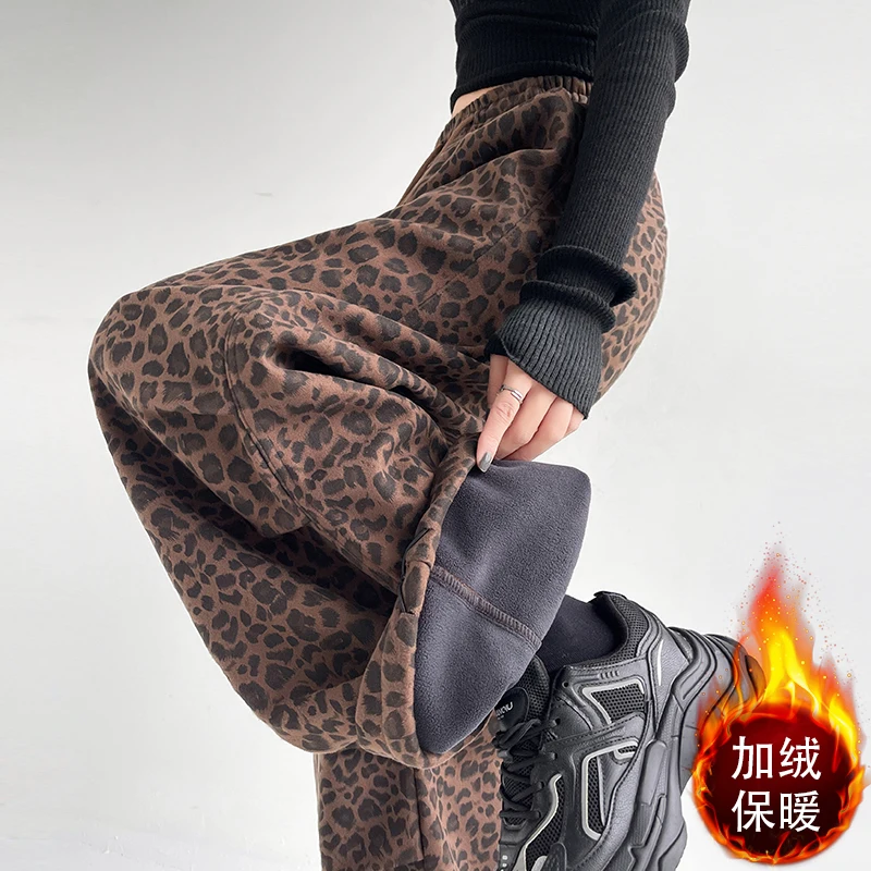 New Autumn Winter Women Elastic High Waist Thicken Fleece Suede Pants High Quality Fashion Leopard Wide Leg Pants Streetwear