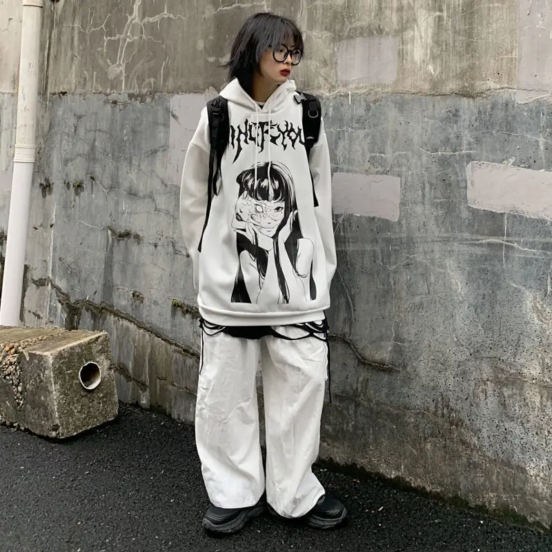 2021 Gothic Harajuku Grunge Hoodies Women 2021 Goth Oversized White Long Sleeve Manga Print Sweatshirt Tops Clothes Streetwear