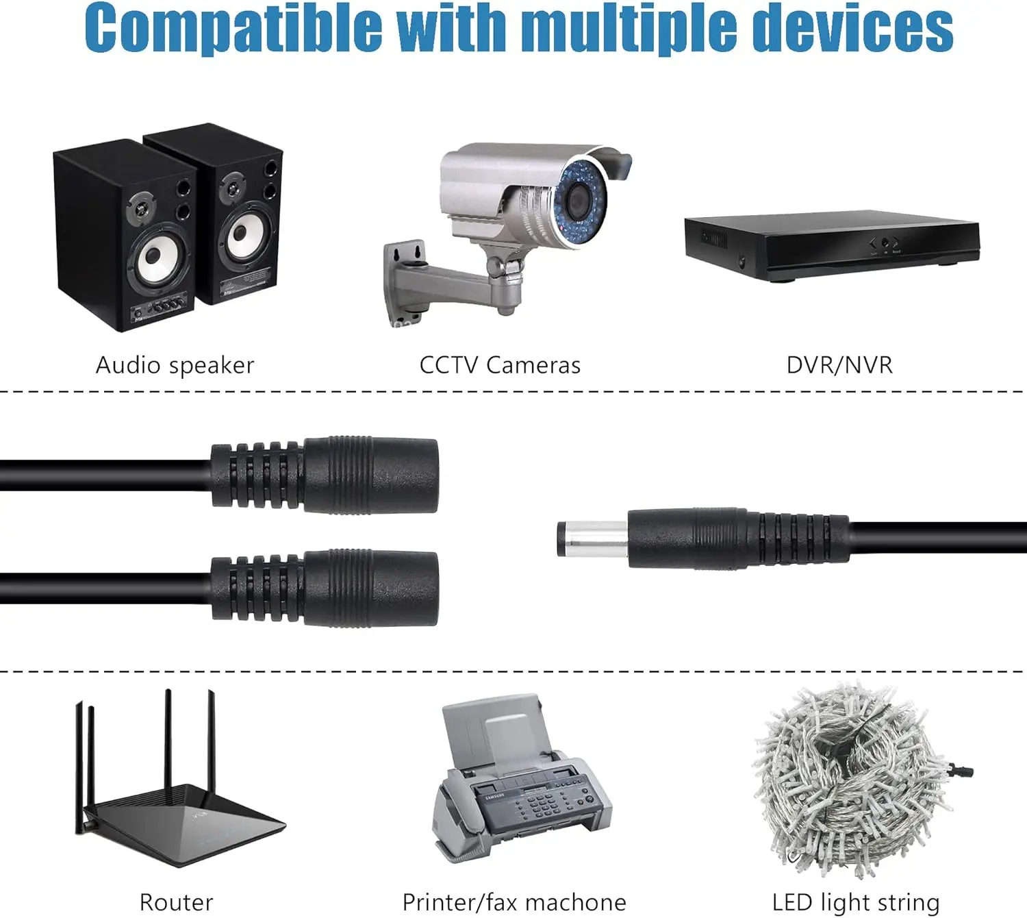 Kabel rozdzielający zasilanie CCTV DC 5.5mm X 2.5mm żeński na 5.5mm X 2.5mm + 5.5mm X 2.1mm męski, typu Y, do monitora, taśmy LED. — zdjęcie produktu 6