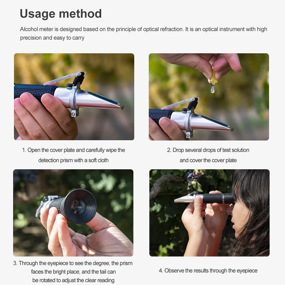 Handheld Alcohol Refractometer SG 1.000-1.130 Beer Alcoholometer Hydrometer Brix 0-40% Wort Sugar Alcohol 0-25% Dual Scale Meter