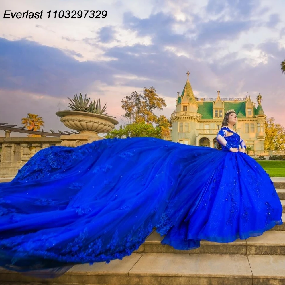 EVLAST элегантное Королевское синее платье Quinceanera бальное платье Цветочная Кружевная аппликация корсет украшенный бисером Sweet 16 Vestido De 15 лет TQD981