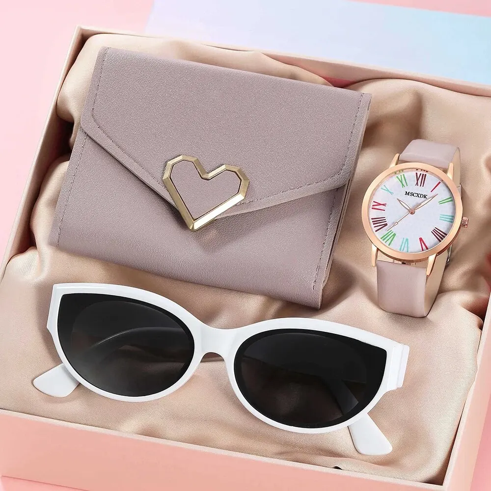 Women Fashion Leather Belt Watches & Heart Wallet Glasses Sunglasses Set Ladies Quartz Wristwatches Dress Clock Montre Femme