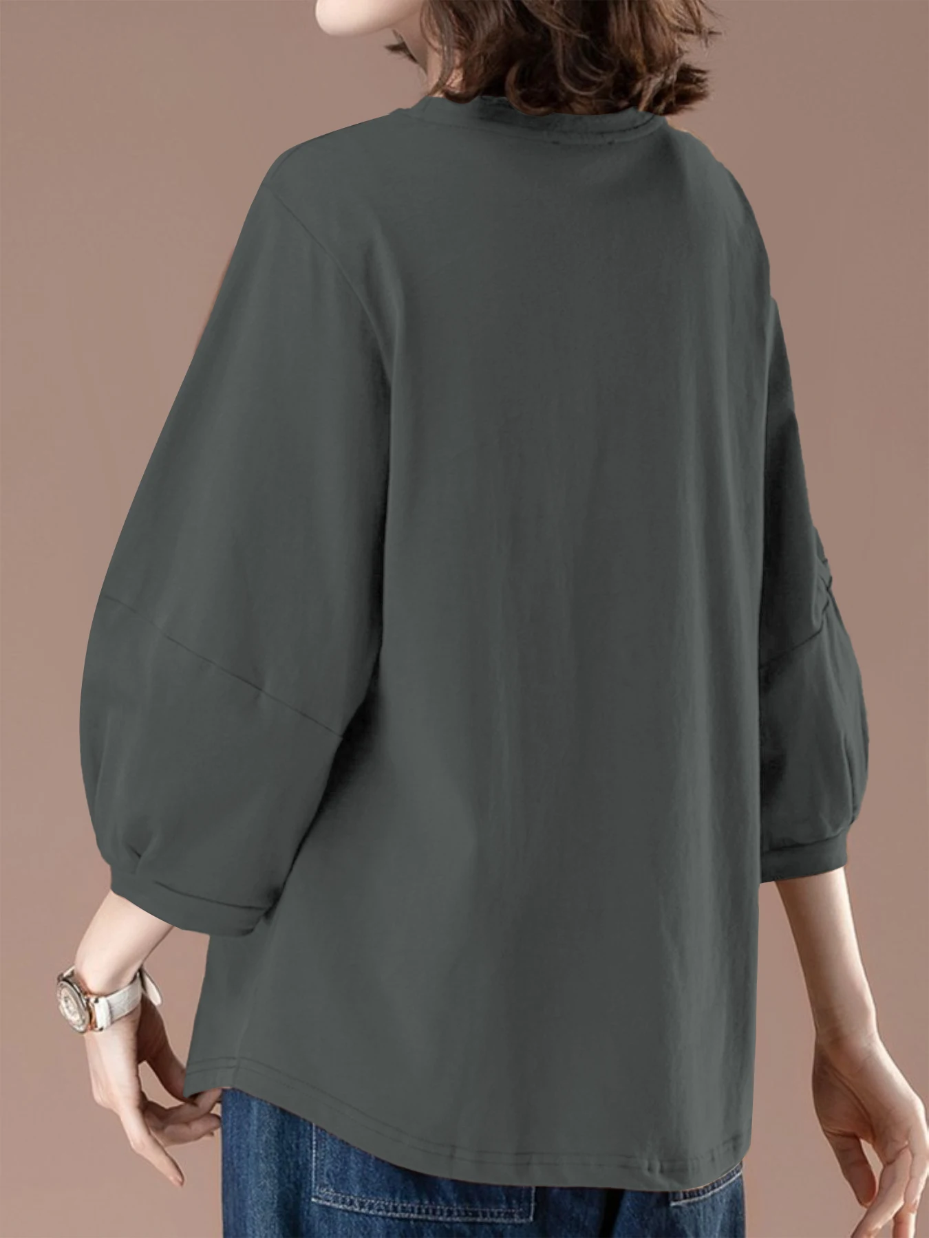Damen-Tops mit 3/4-Ärmeln, Rundhalsausschnitt, lässig, trendig, lockere T-Shirts – Detail 2