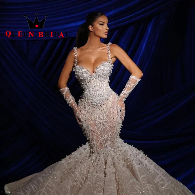 Vestidos De Novia De sirena con tirantes finos, sexys, De lujo, con encaje, perlas y lentejuelas, personalizados, L21WM, 2023