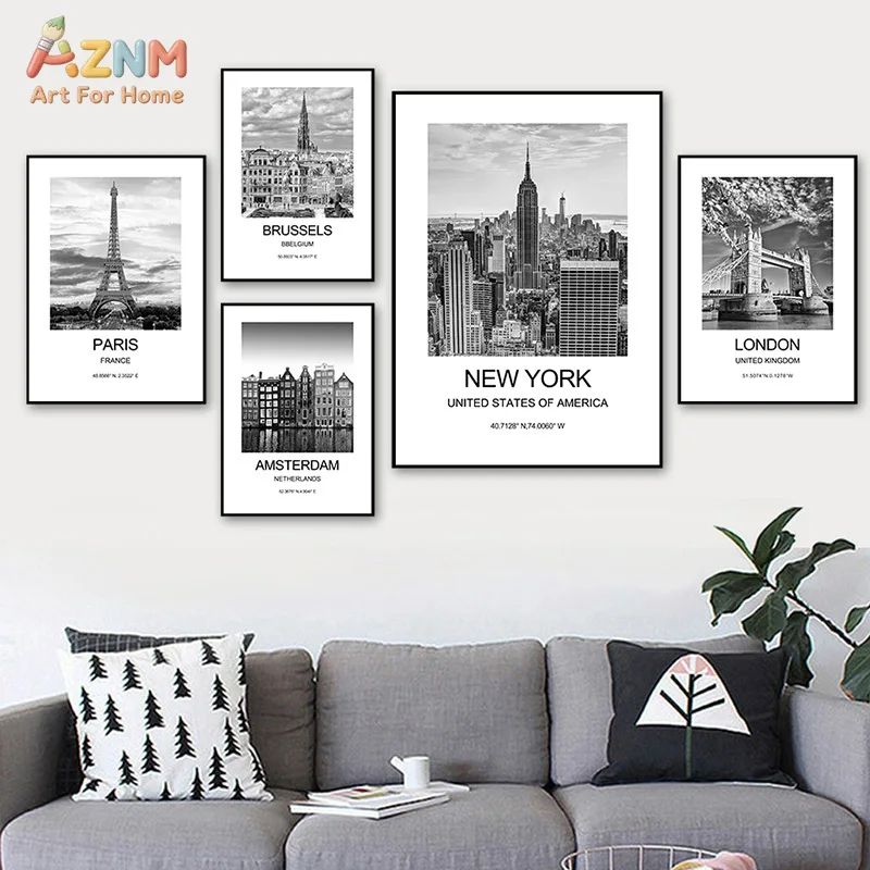AZNM Black White City Travel Canvas Print Paris London New York Amsterdam Brussels Landmark Coordinates Minimalist Urban Wall De