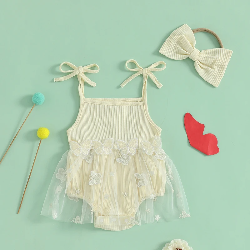 

Baby Girl Summer Romper Dress Sleeveless Tie-up Butterfly Embroidery Tulle Jumpsuit with Bow Headband