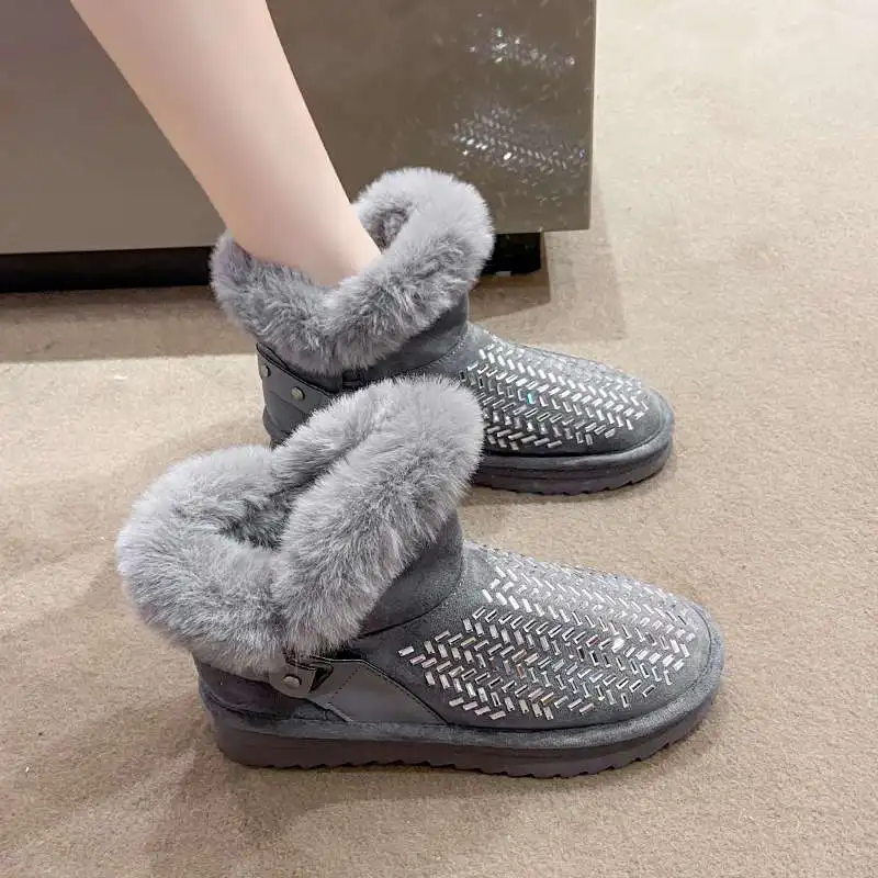 New Winter Ankle Boot for Women Fashion Retro Strap Furry Bling Shoes Woman Snow Booties Glitter Ladies Warm Plush Short Boots