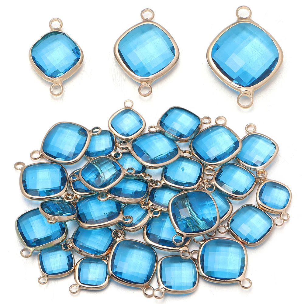 5 Stück/Lot quadratische facettierte Glasanhänger mit Metallkanten, Zweiloch-Verbinder, Charm für Armband, Halskette, DIY-Schmuckherstellung, Zubehör – Detail 5