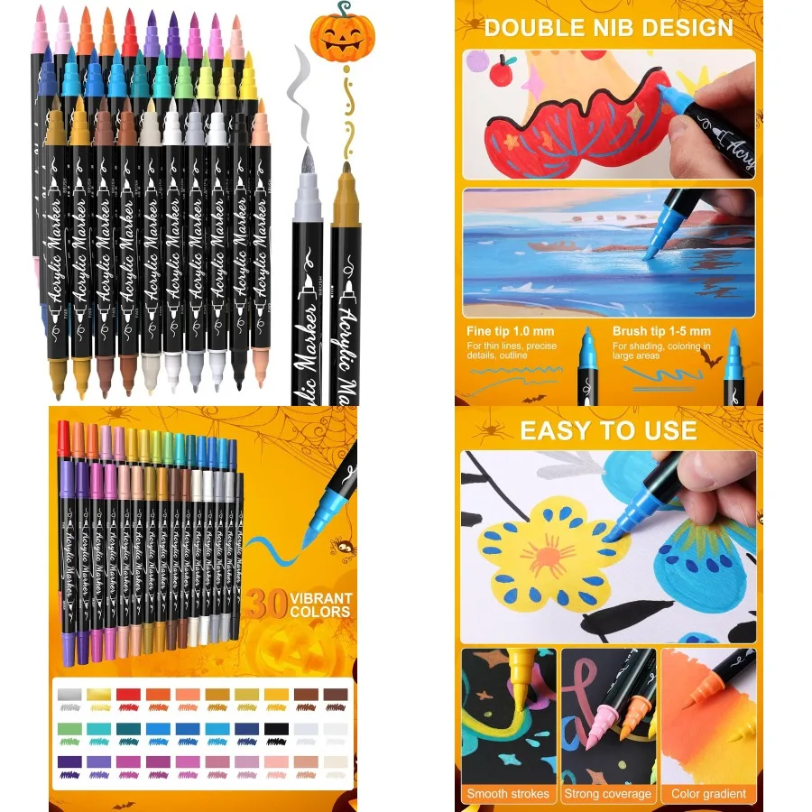 

30 Colors Acrylic Paint Pens Markers Waterproof Dual Tip Acrylic Marker Set with Brush Fine Tip Kid Markers for Rock Painting W