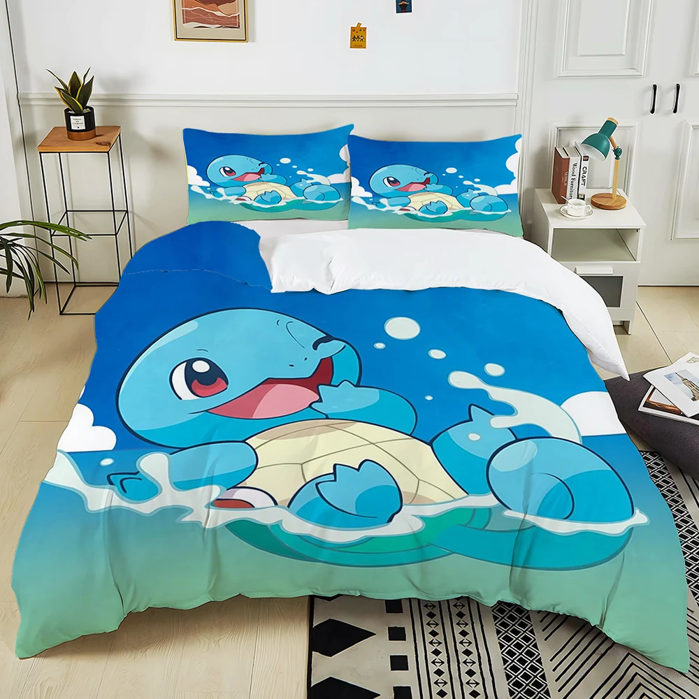 3PC Pokemon Squirtle Print Bedding Set Duvet Cover 1 Duvet Cover 2 Pillowcases Adult and Children Bedding Set Luxury for Gifts