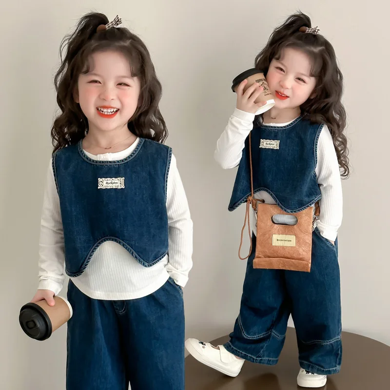 

Spring And Autumn Sets For Children Clothing Korean Style Girl Clothes Bottom Shirt+Denim Tank Top+Straight Leg Jeans 3PCS Suits