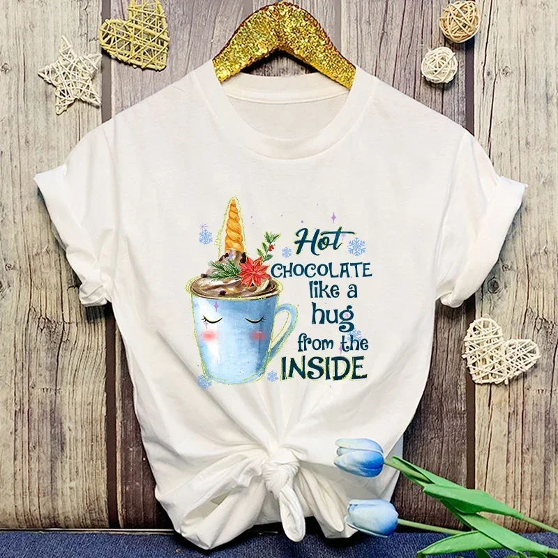 2024   New Unicorn Hot Chocolate Like A Hug From The Inside Print T-Shirts Women Summer Cool Short Sleeve Female Casual T-Shi