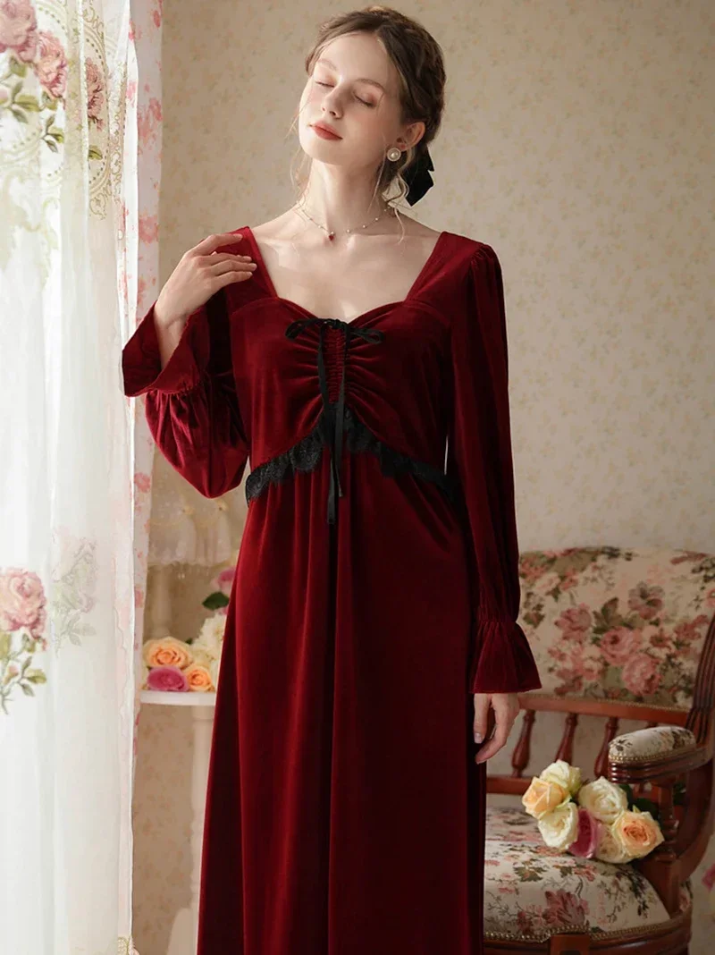 Women Winter Elegant Velour Robe Vintage Nightgown Thick Long Backless Night Dress Victorian Pleuche Velvet Nightwear Sleepwear