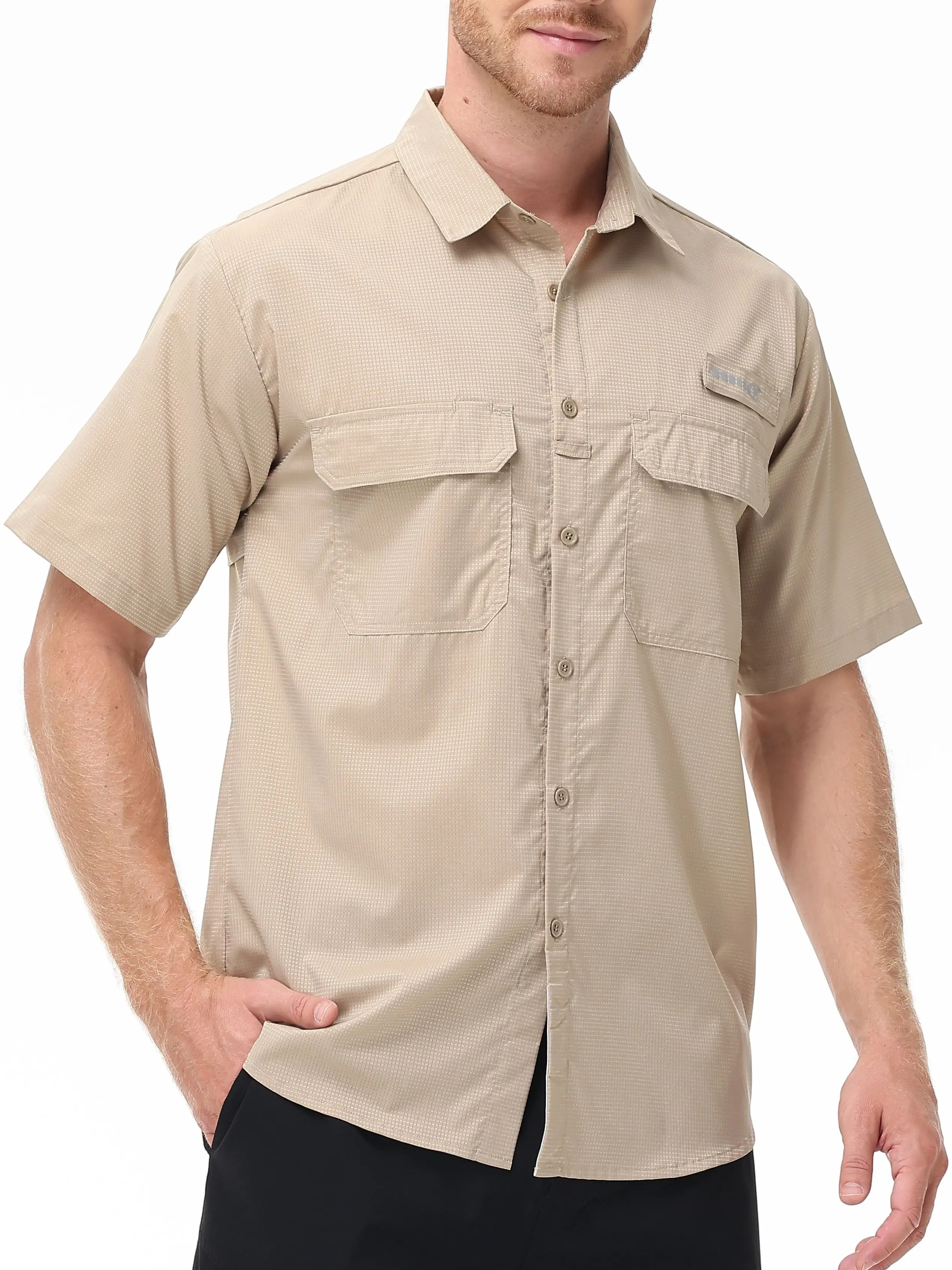 Men's UPF 50+ Quick Dry Short Sleeve Shirts Button Down Cargo Shirts Mesh Breathable Outdoor Hiking Fishing Shirts