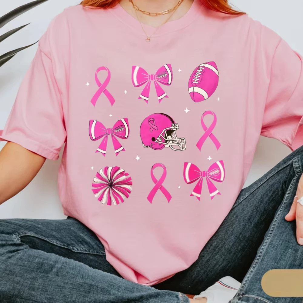 Pink Ribbon Football Tshirt Breast Cancer Awareness Cotton Casual Shirt Helmet Bow Game Day Fashion Streetwear Tees Unisex Tops