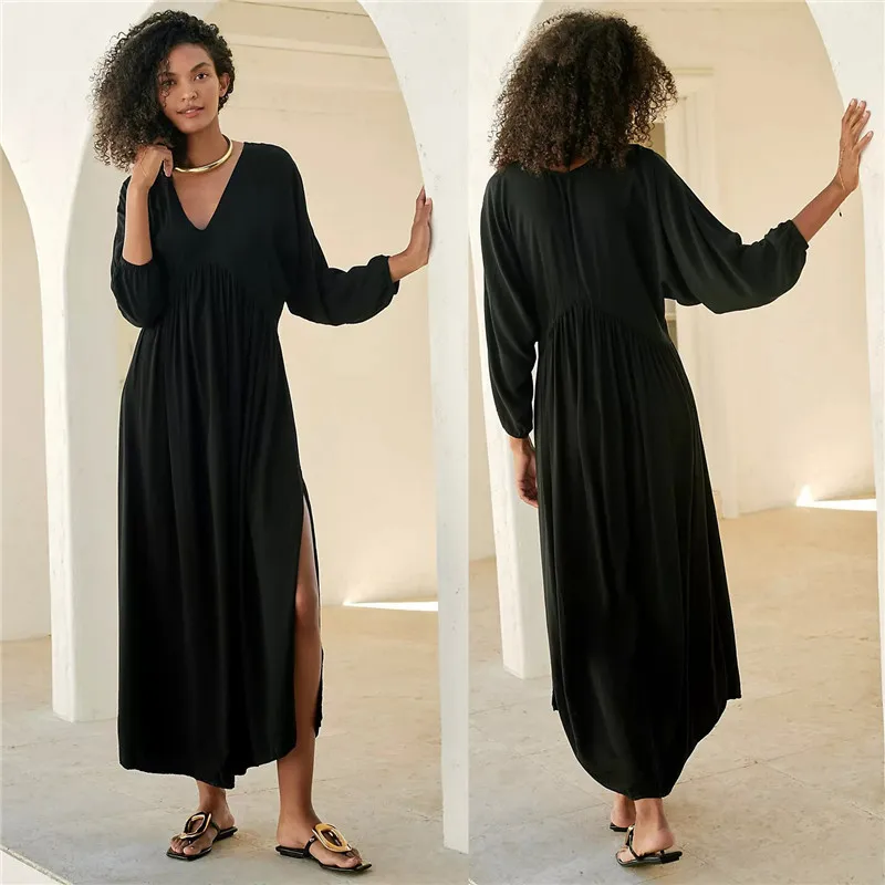 

Black Tunics for Beach Swimsuit Cover Up Women Swimwear Long Kaftan Beach Cover Up Beachwear Pareo Beach Dress Saida De Praia