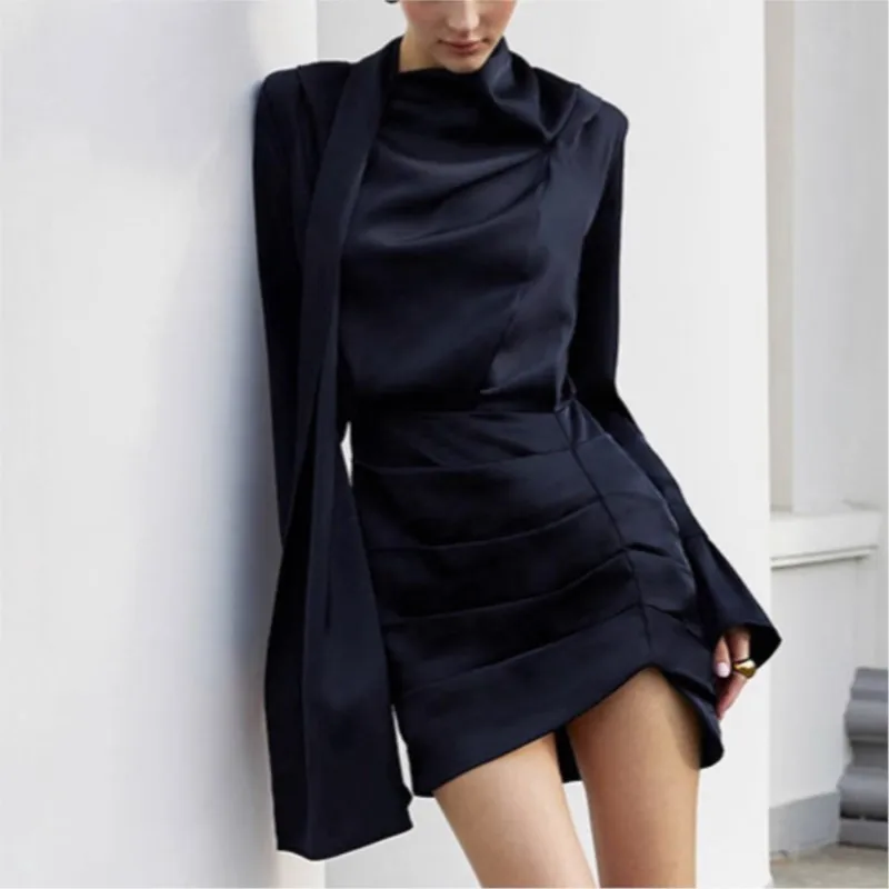 فستان نحيل مزاجه الخريف الشتاء عادية بلون ركاب نمط امرأة ملابس طويلة الأكمام غير النظامية عالية الخصر الورك تنورة #1