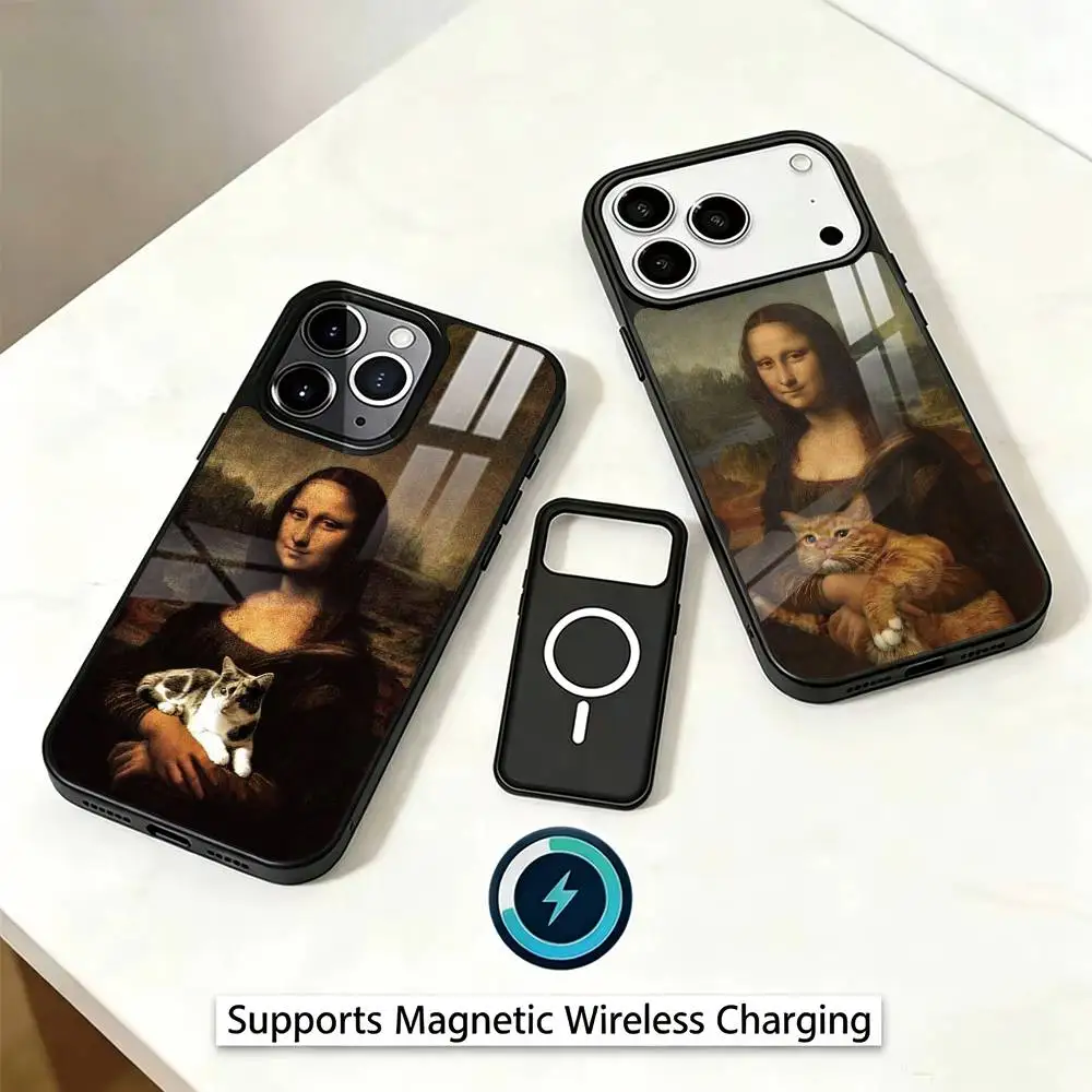 M-Mona Lisa Pat Cat Art Phone Case For iPhone17,16,15,14,13,12,11 Plus,Pro Magnetic Supports Magnetic Wireless Charging