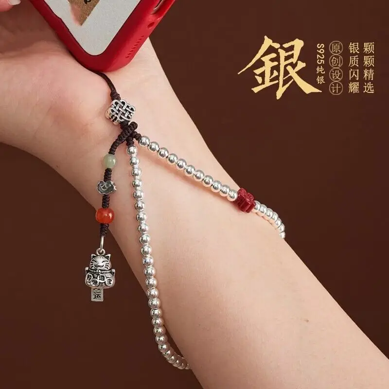 

Sterling silver round bead mobile phone chain pendant Lucky cat pendant anti-drop short wrist pendant men's and women's gifts
