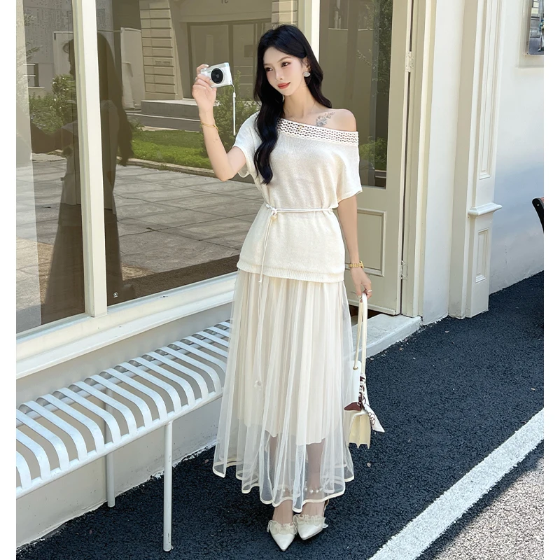 

Korean Style Knot Shoulder Hollow out Knitted Top High Waist Mesh Half Skirt Two Piece Set Women Summer Fashion Outfit