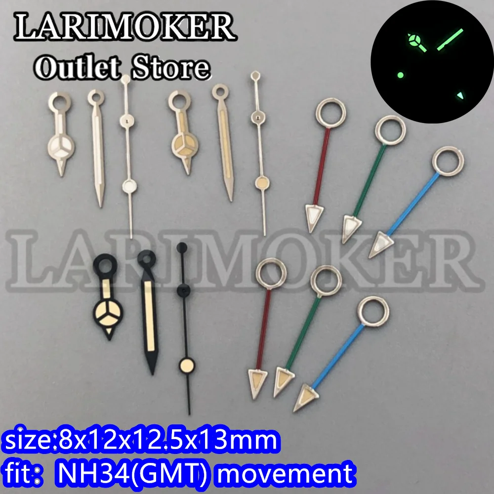 LARIMOKER Watch Accessories hands (GMT )  green luminous fit NH34 movement Silver Yellow Black Green Red Bule