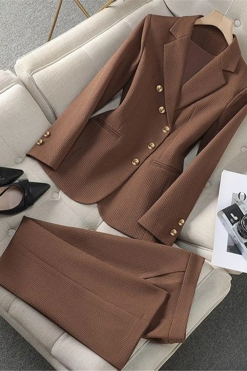 

2025 Spring Autumn Khaki Blazer Suit Set for Women Elegant Professional Outfit with Stylish Design Formal Office Uniform Look