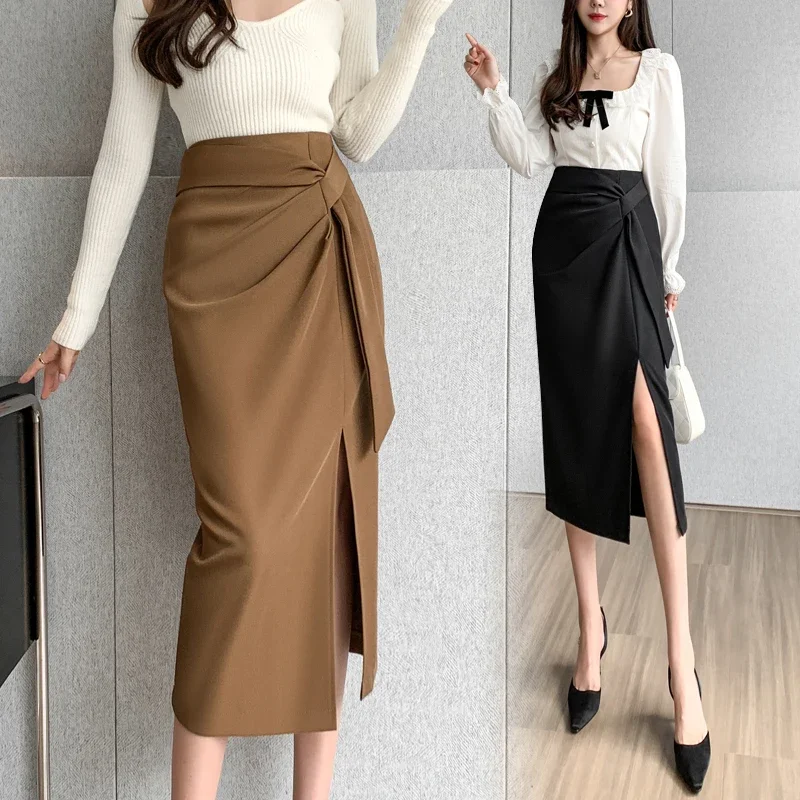 2025, lente zomer hoge taille midi-lengte splitrok ontwerper goedkope kleding dragen om rokken te werken voor vrouwen bruin Koreaanse beoordelingen