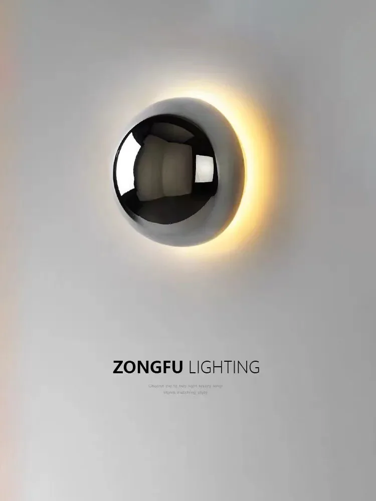 

Minimalist plated silver luxurious wall lamp modern simple circular Nordic corridor stairs lunar eclipse bedside lamp