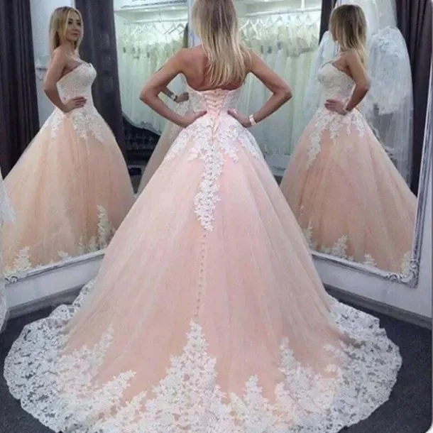 

ANGELSBRIDEP Pink Sweetheart Ball Gown Wedding Dresses Vestido De Noiva Fashion White Applique Beaded Formal Bridal Gown