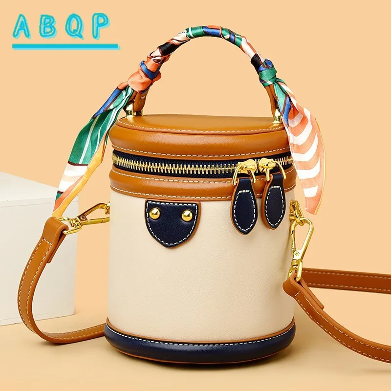 

Colorblock Shoulder Cylinder Bucket Bag Scarf Decor Top Handle Bag Stylish Crossbody Purse For Women Large Capacity