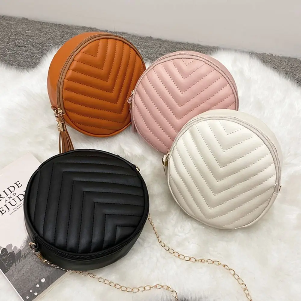 Fashionable V-shaped Line Line Small Round Bag PU Zipper MINI Handbag Tassel Cross-body Pouch Party