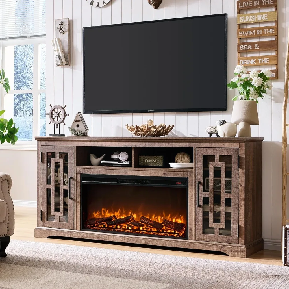 

Fireplace TV Stand withElectric, Farmhouse 32" Tall Highboy Entertainment Center w/6 Shelves