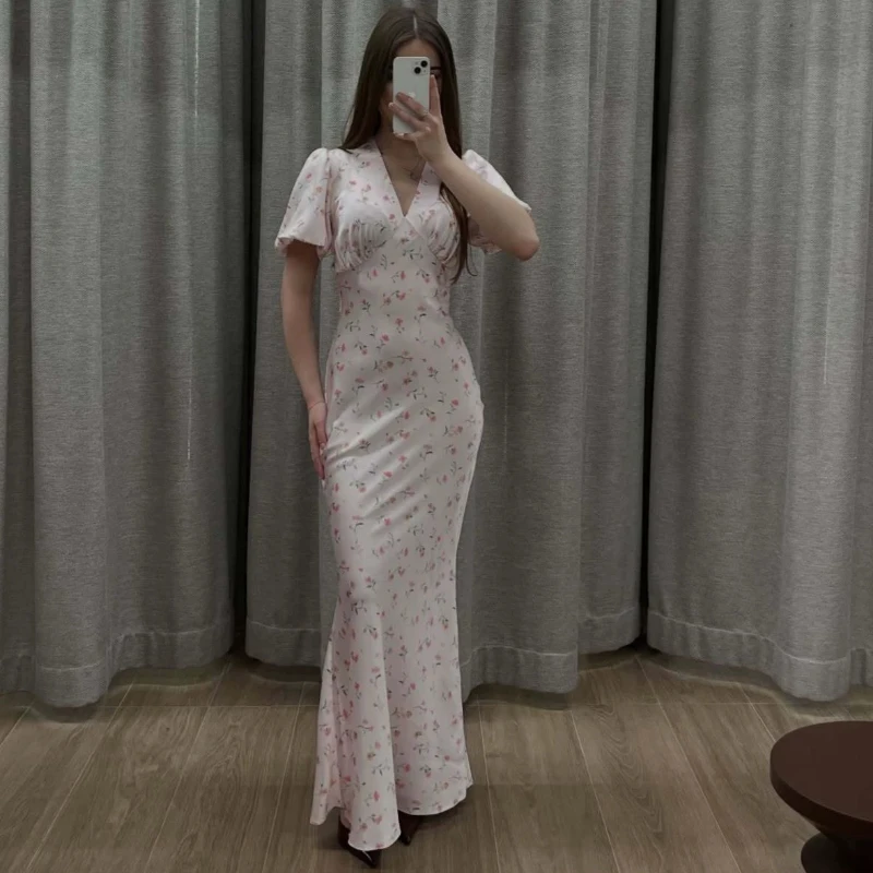 

Tsiisd Elegant Floral Print Women's Maxi Dress V Neck Puff Sleeve Romantic Luxury Wedding Party Women's Dress Vestidos 2026 New