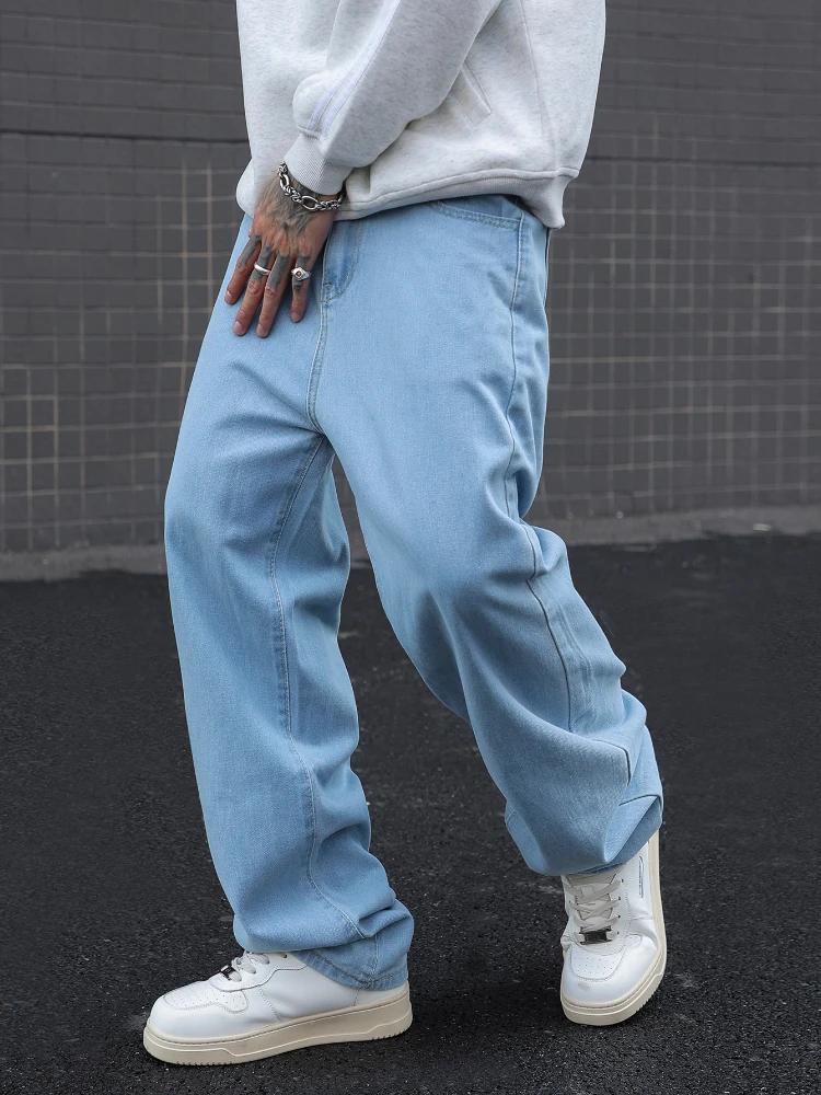 New Men's Cotton Baggy Y2K Jeans Fashion Male Clothes Elastic Waist Washed Wide Leg Pants Solid Straight Loose Denim Trousers