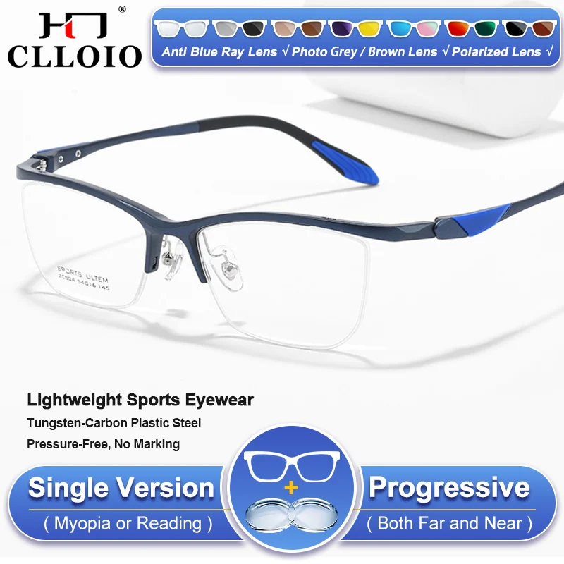 

CLLOIO Men Sporty Half-Frame Photochromic Prescription Myopia Glasses Lightweight Protection Reading Running Basketball Eyeware