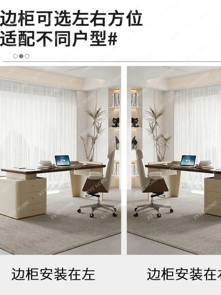 Retro simple desk home office light luxury computer desk retractable saddle leather cabinet