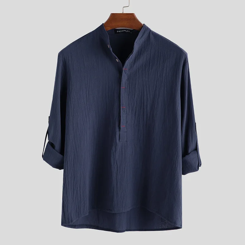 Camisa de algodón y lino transpirable para hombre, top de manga larga sin cuello, ropa fina de verano, color sólido, informal, suelto