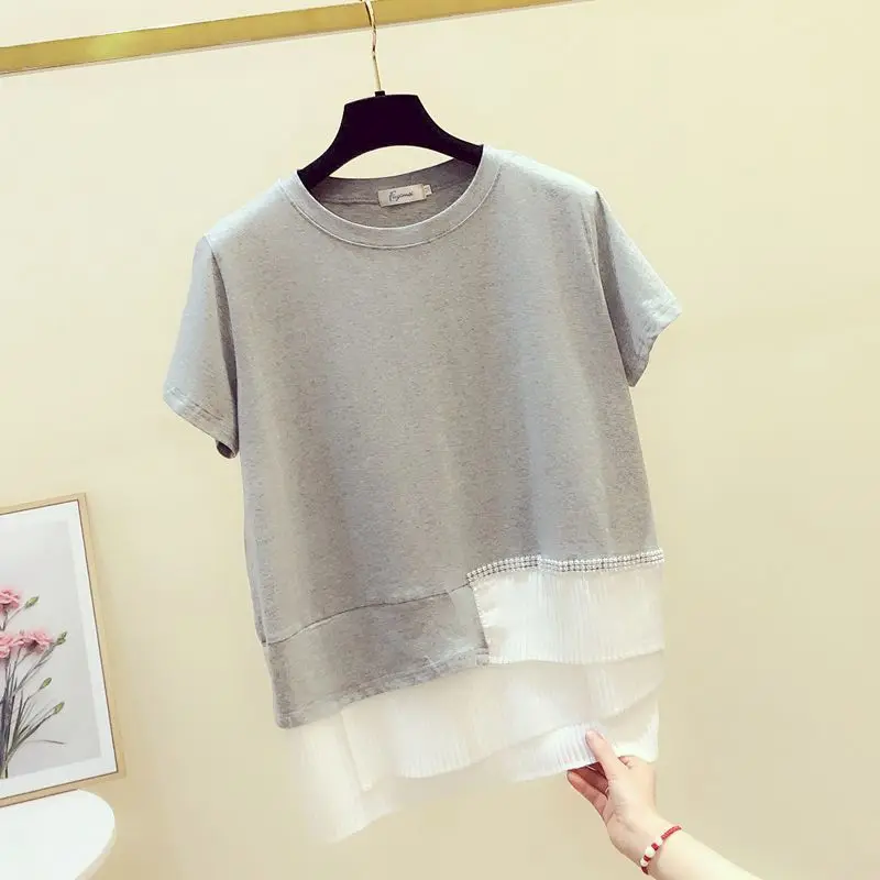 

100% Cotton T-shirts Women Fashion Irregular Patchwork Studded T Shirt Casual Loose Short Sleeve Tops Summer Trend Thin Tshirt