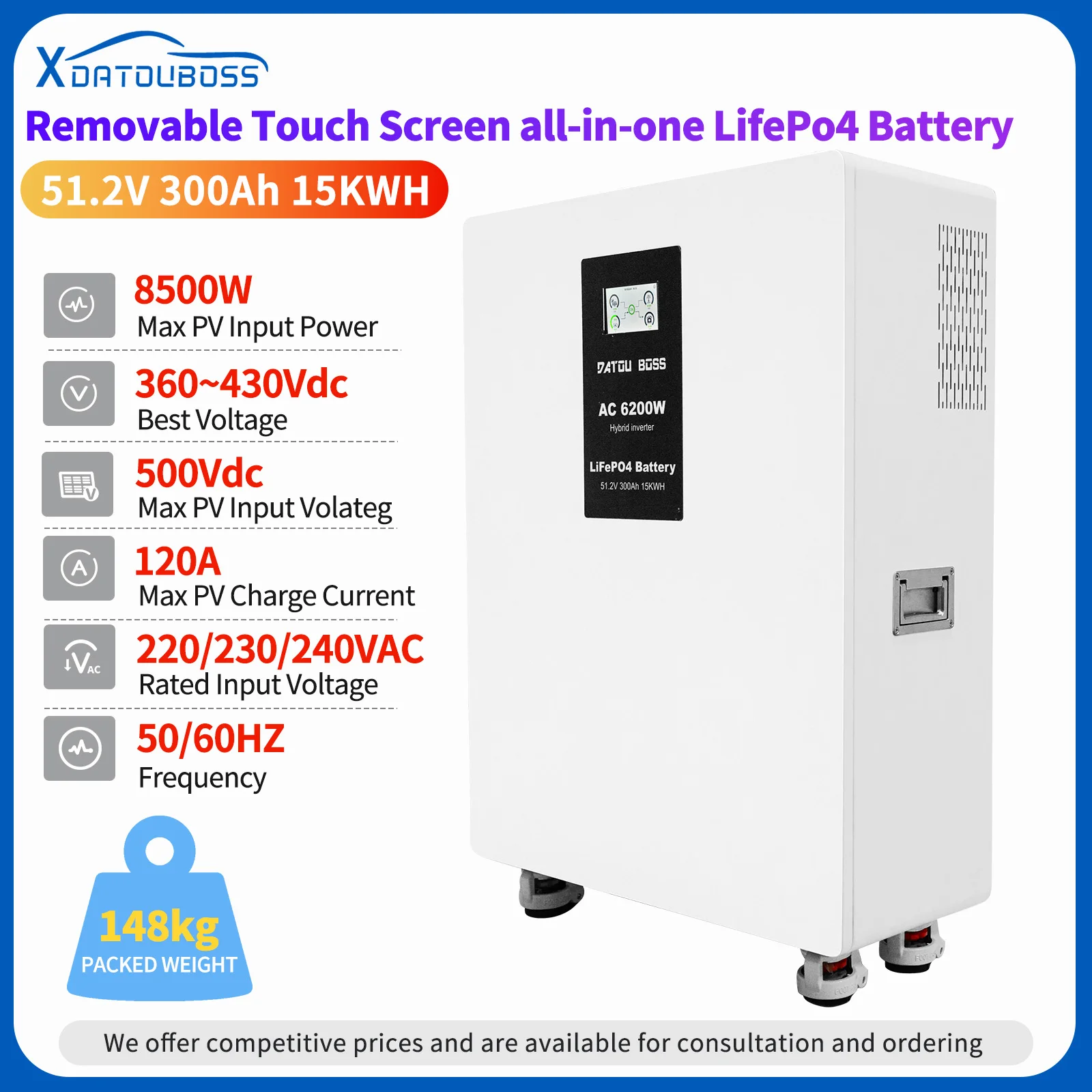 DATOUBOSS Removable Touch Screen LiFePO4 Battery 15kWh 300Ah | Solar Power Storage System | Off-Grid Energy Solution