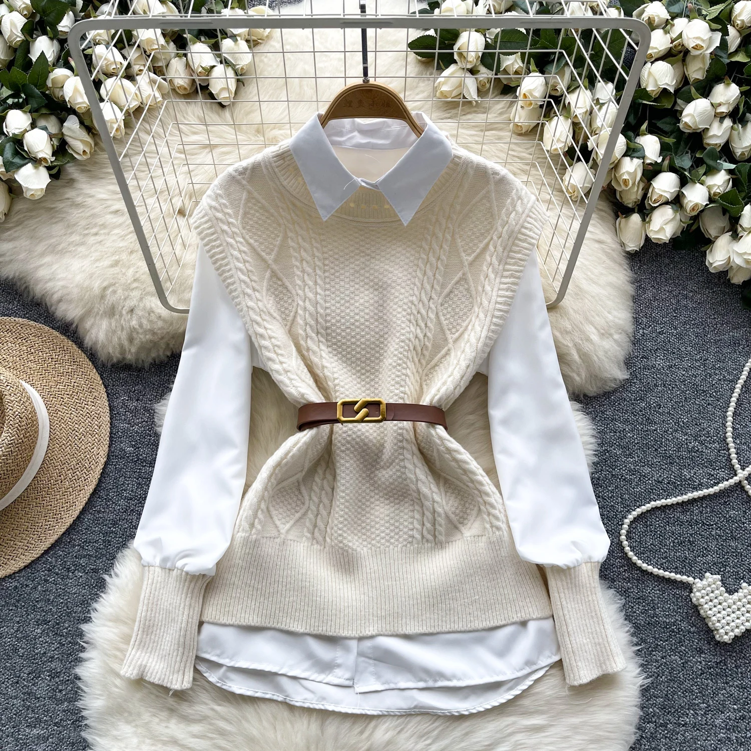 Women's Autumn Overlay Shirt Vest Dress Two-Piece Fashion Sleeveless Fried Dough Twists Knitting Vest With Long Sleeve Blouse