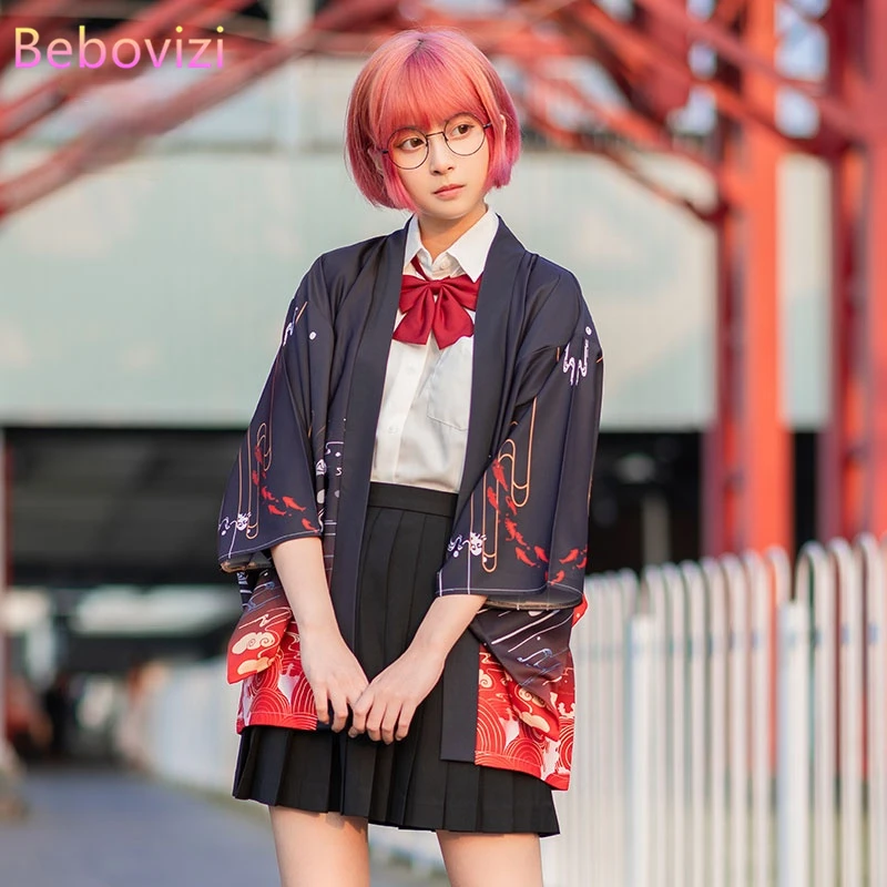 2021 New Summer Carp Printing Loose Japanese Streetwear Cardigan Women Men Harajuku Haori Kimono Cosplay Blouse Top Yukata