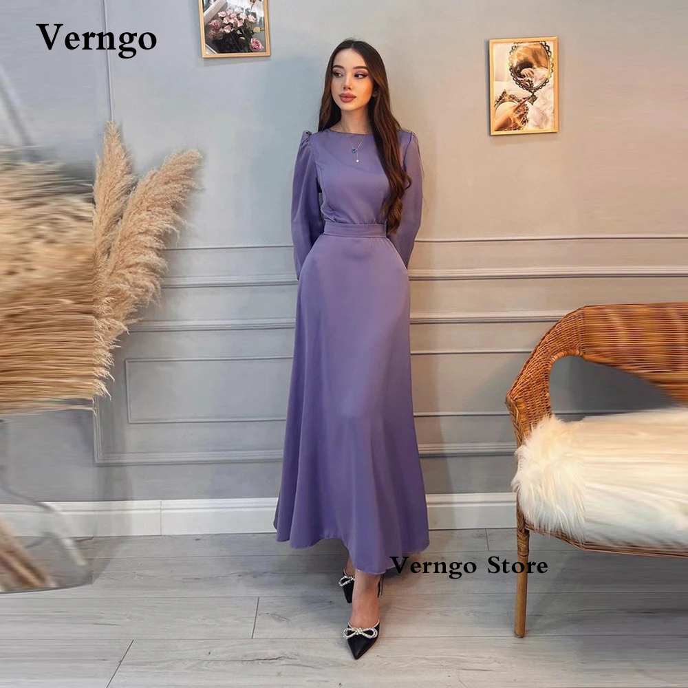 Verngo Simple Matte Satin Women Formal Party Dresses Long Sleeves O-Neck Ankle Length Modest Evening Prom Dress Customized