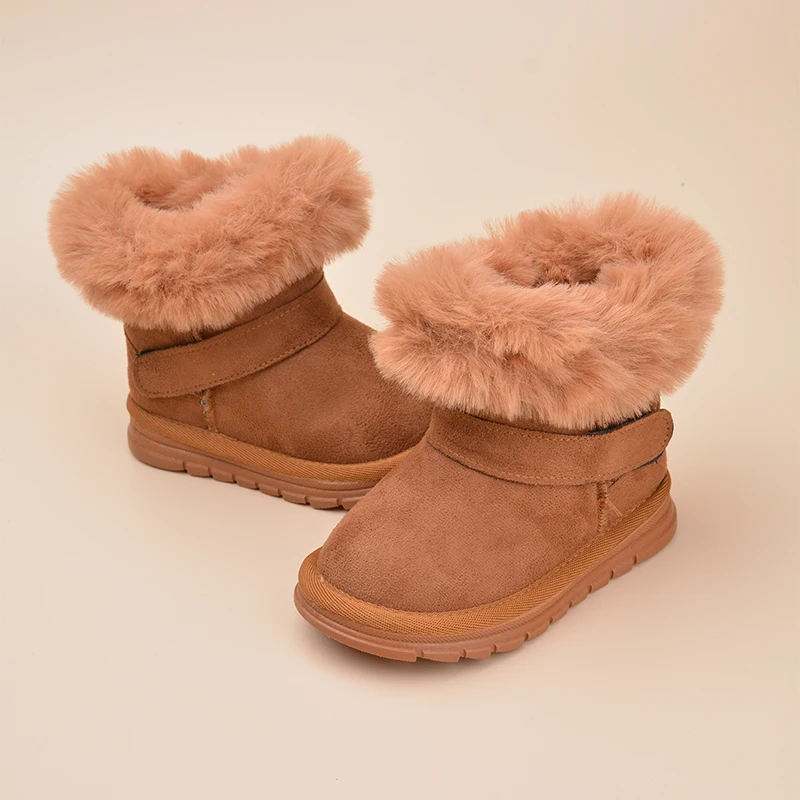 Good Quality Kids Black PU Winter Short-top Plush Snow Boots Camel Suede Solid Outdoor Warm Shoes EK8125