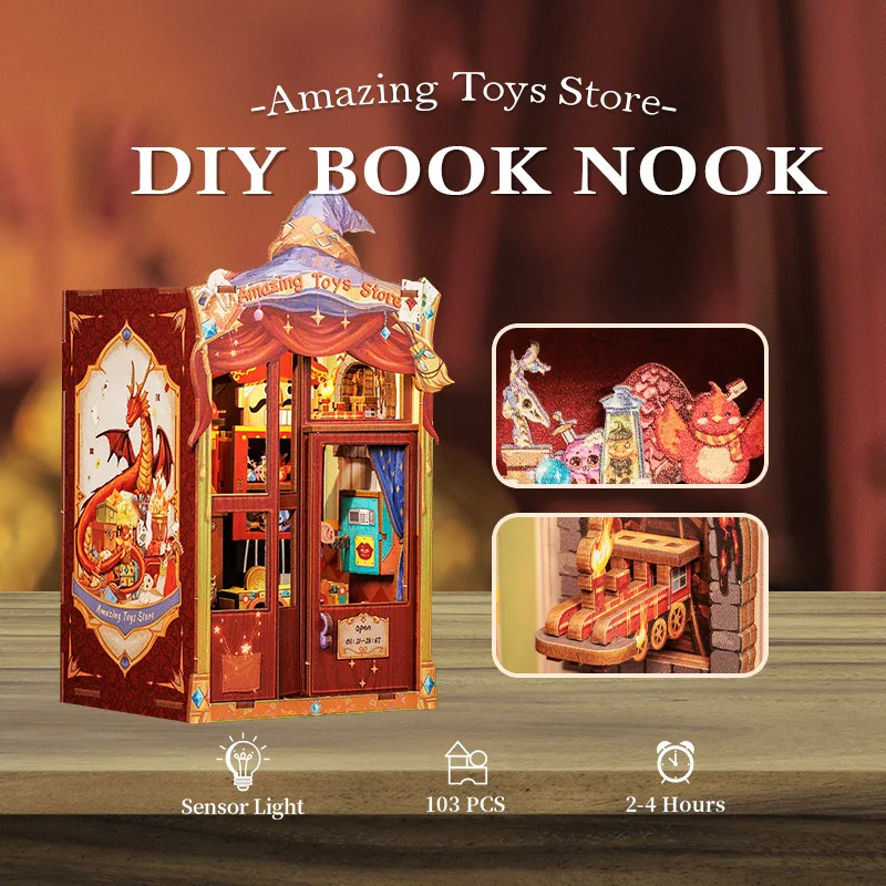 CUTEBEE DIY Book Nook Kit Miniatur-Puppenhaus aus Holz mit LED-Licht, Bücherregal-Einsatz, Bücherregal, Heimdekoration für erstaunliche Spielzeuggeschäfte